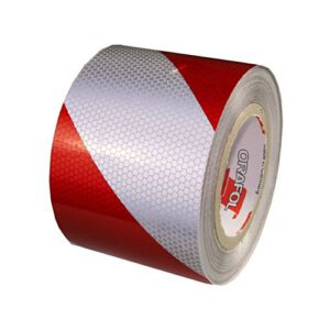 Oralite 5831 pašlīmējoša līmlenta,  sarkanbalta, h=100mm, atst. klase 2, virziens pa labi (25m rullis)