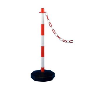 Plastmasas ķēdes stabiņš (sarkanbalts) ar ūdens pildāmo pēdu, h=90cm [SOR]
