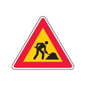 Brīdinājuma zīme Nr.118/Uz ceļa strādā (ar dzeltenu fonu), 700x700mm, 1. atstarošanas klase