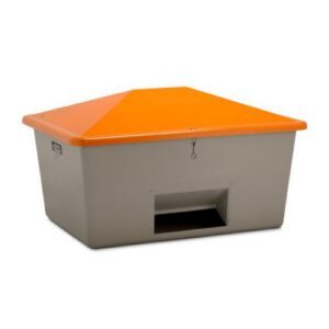 Smilts/sāls stiklšķiedras konteiners, pelēks ar oranžu vāku, 1500l (atvērta tipa) [CE]