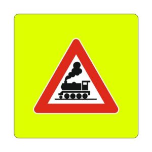 Brīdinājuma zīme Nr.133F/Dzelzceļa pārbrauktuve bez barjeras, 1200x1200mm ar fluorescējošu rāmi, 3. atst. klase