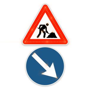 Aktīvā LED ceļa zīme Nr.118 "Uz ceļa strādā", 700x700mm un Nr.410/411 "Bulta", d=600mm